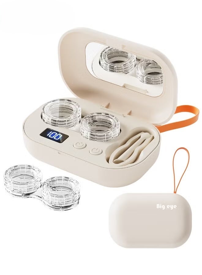 جهاز تنظيف العدسات اللاصقة بالموجات فوق الصوتية - مزود بشاشة عرض مؤقت - محمول - تنظيف بزاوية 360 درجة - أربعة مستويات لاختيار التوقيت - تركيب العدسات اللاصقة/التأكد من مطابقتها - مع حبل تعليق (بيج) - Image 1